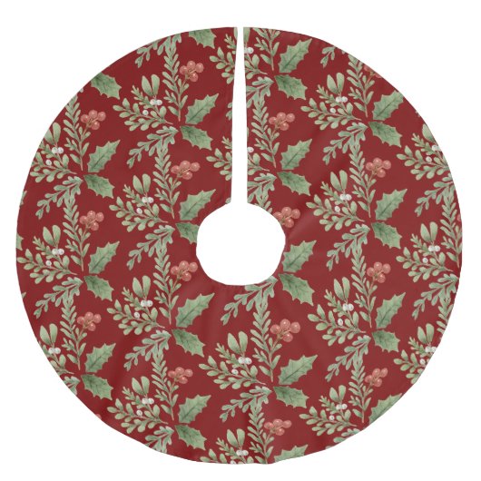 Weihnachts Wasserfarbe Botanisches Muster Rotes Gr Polyester Weihnachtsbaumdecke (Vorderseite)