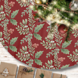 Weihnachts Wasserfarbe Botanisches Muster Rotes Gr Polyester Weihnachtsbaumdecke