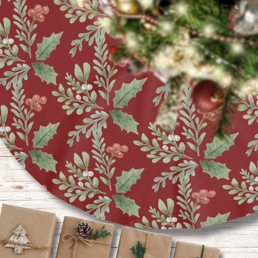 Weihnachts Wasserfarbe Botanisches Muster Rotes Gr Polyester Weihnachtsbaumdecke