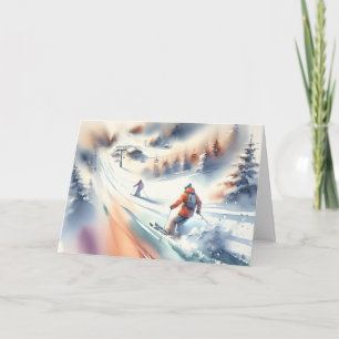 Weihnachts Wasserfarbe Downhill Skiers Karte