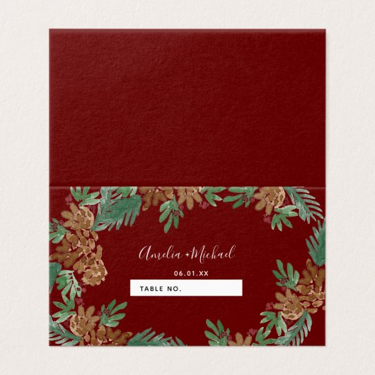 Weihnachts Wasserfarbe Pinecones Hochzeitssitznumm (Außenseite Aufgefaltet)