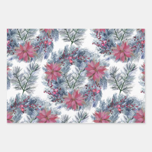 Weihnachts-Wasserfarbe-Poinsettia-Kranz-Arrangemen Geschenkpapier Set