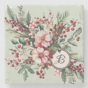 Weihnachts-Wasserfarbe Rosa Florale Beeren Stein C Steinuntersetzer