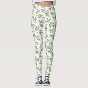 Weihnachts-Wasserfarbe Rot Grüne Stechpalmen-Beere Leggings