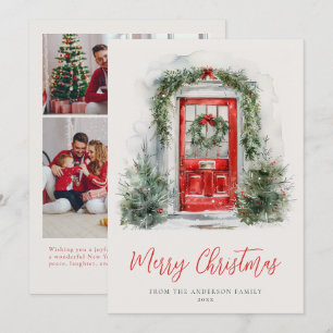 Weihnachts-Wasserfarbe-Rote-Tür-Familienfoto Feiertagskarte