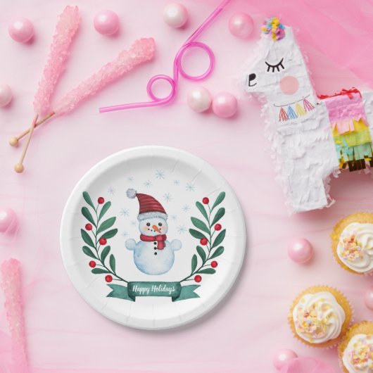 Weihnachts Wasserfarbe Snowman Custom Pappteller (Party)