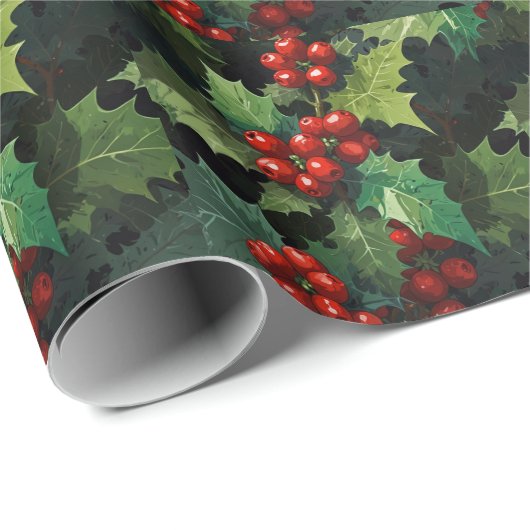 Weihnachts-Wasserfarbe Stechpalmen-Beeren-Blätter  Geschenkpapier (Rolleneckpunkt)