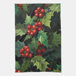 Weihnachts-Wasserfarbe Stechpalmen-Beeren-Blätter Geschirrtuch