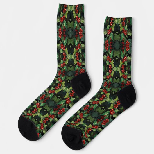 Weihnachts-Wasserfarbe Stechpalmen-Beeren-Blätter  Socken (Linkes Detail)