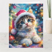 Weihnachts Wasserfarbe Sweet Kitten in Pink Hat Karte (Vorderseite)