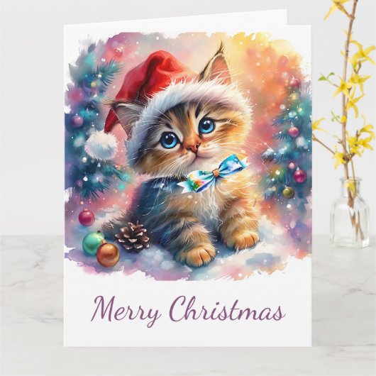 Weihnachts Wasserfarbe Wertvolle Kitten mit Bow Karte (Gelbe Blume)