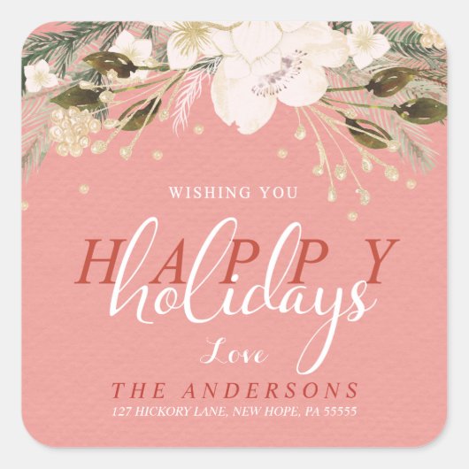 Weihnachts-Wasserfarbe Winter Blume Rücksendeadres Quadratischer Aufkleber (Vorderseite)