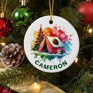 Weihnachts-Wasserfarben-Camping-Individualname Keramik Ornament