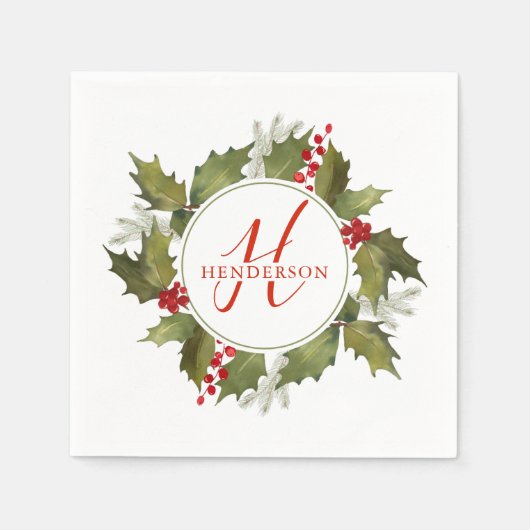 Weihnachts-Wasserfarben-Monogramm-Skript Holly Wre Serviette (Vorderseite)