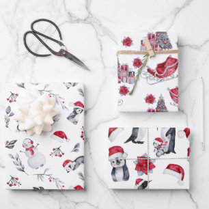 Weihnachts-Wasserfarben-Pinguine Schlitten Baum Geschenkpapier Set