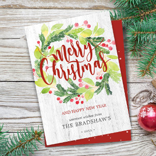Weihnachts-Wasserfarben-Winter-Grün-Beeren-Kranz Feiertagskarte