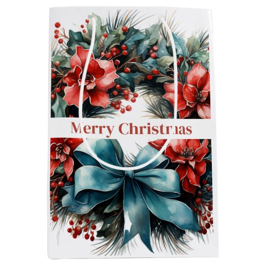 Weihnachts Wasserfarbenreath mit Holly Mittlere Geschenktüte (Vorderseite)