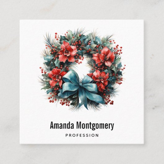 Weihnachts Wasserfarbenreath mit Holly Quadratische Visitenkarte (Vorderseite)