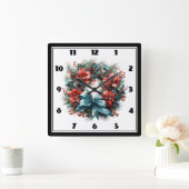 Weihnachts Wasserfarbenreath mit Holly Quadratische Wanduhr (Zuhause)