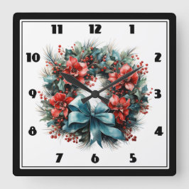 Weihnachts Wasserfarbenreath mit Holly Quadratische Wanduhr