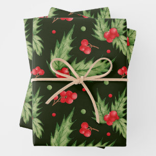 Weihnachts-Watercolor-Stechpalmen-Beere mit Blätte Geschenkpapier Set
