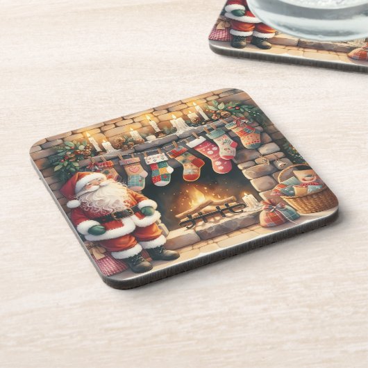 Weihnachts-Weihnachts-Strümpfe am Feuerplatz Getränkeuntersetzer (Linke Seite)
