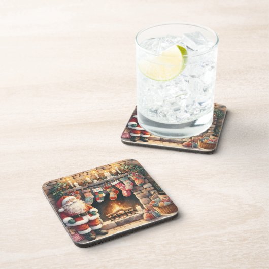 Weihnachts-Weihnachts-Strümpfe am Feuerplatz Getränkeuntersetzer (Rechte Seite)