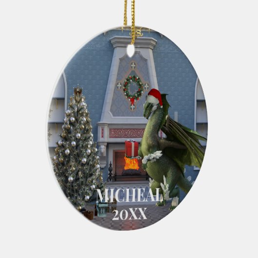 Weihnachts-Weihnachtsdrachenbaum Feuerplatz-Szene Keramik Ornament (Rechts)