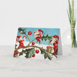 Weihnachts-Weihnachtselfen Malerei Berries auf Blä Feiertagskarte