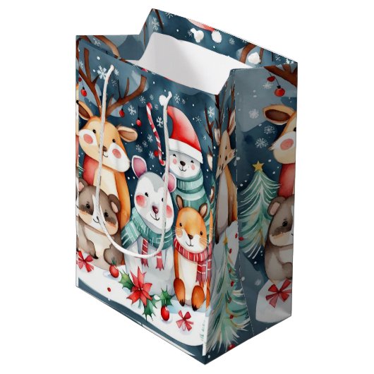 Weihnachts-Weihnachtsfeiertage - niedliche Tiere Mittlere Geschenktüte (Vorderseite Schrägansicht)