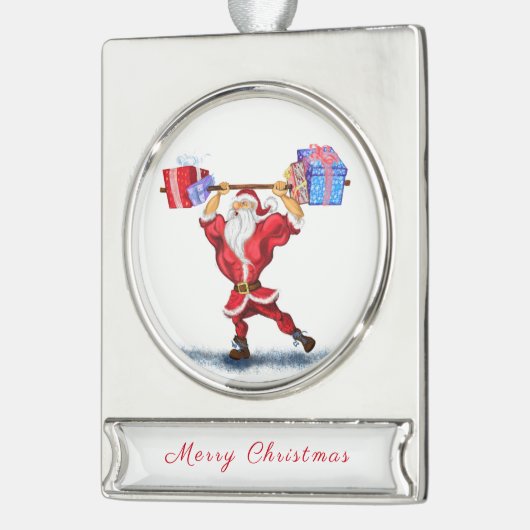 Weihnachts-Weihnachtsgeschenk Bodybuilder Santa Banner-Ornament Silber (Links)
