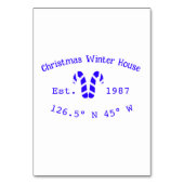 Weihnachts-Weihnachtshaus blaue Süßspeisen. Jahr Tischnummer (Rückseite)