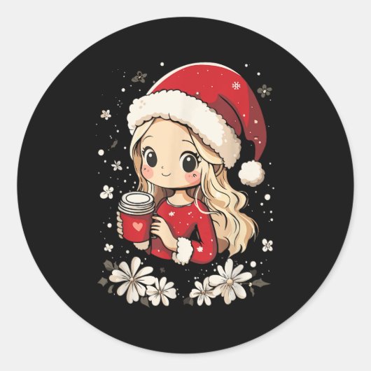 Weihnachts-Weihnachtskaffee Blume Kinder Santa Wom Runder Aufkleber (Vorderseite)