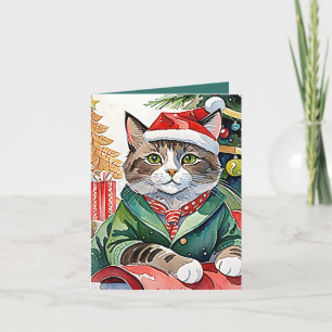 Weihnachts-Weihnachtskarte Cat Watercolor Feiertagskarte