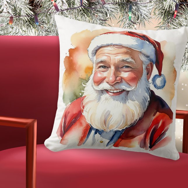Weihnachts-Weihnachtsmann-Gesicht Portrait Custom Kissen (A pillow with picture of Santa in a watercolor style, 'Merry Christmas' greeting and custom text)