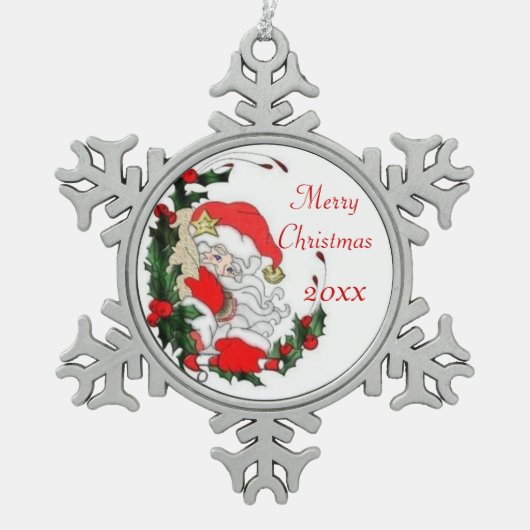 Weihnachts-Weihnachtsmann pinkelt um Holly herum Schneeflocken Zinn-Ornament (Vorderseite)