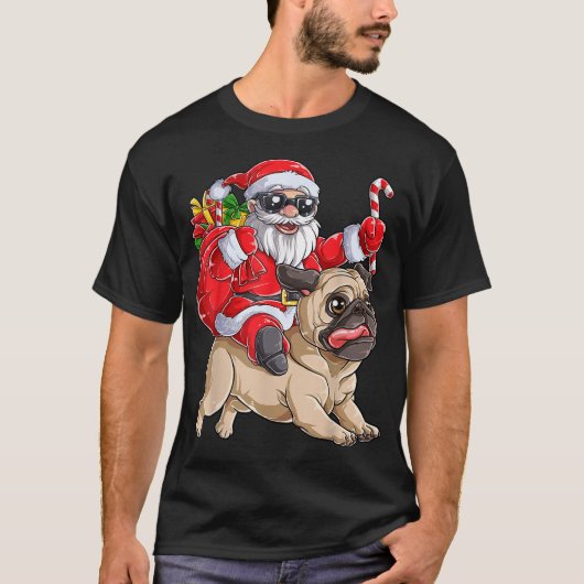 Weihnachts Weihnachtsmann Reiten Mops Xmas Jungs M T-Shirt (Vorderseite)