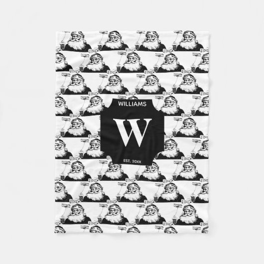 Weihnachts Weihnachtsmann Schwarz-weiß Monogram Fleecedecke (Vorderseite)