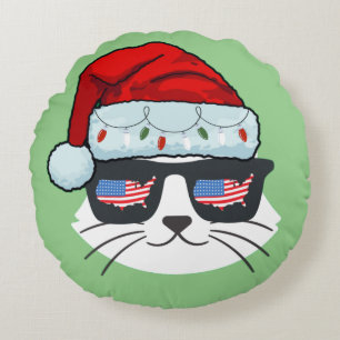 Weihnachts-Weihnachtsmannmütze mit Cat-Face-US-Fla Rundes Kissen