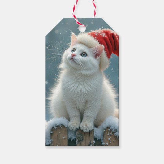Weihnachts-Weiße Katze Tragen einer Weihnachtsmann Geschenkanhänger (Vorderseite)