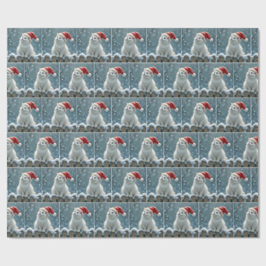 Weihnachts-Weiße Katze Tragen einer Weihnachtsmann Geschenkpapier (Flach)