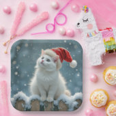Weihnachts-Weiße Katze Tragen einer Weihnachtsmann Pappteller (Party)