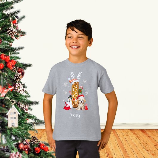 Weihnachts Welpe Gingerbret Name Letter I Boy T-Shirt
