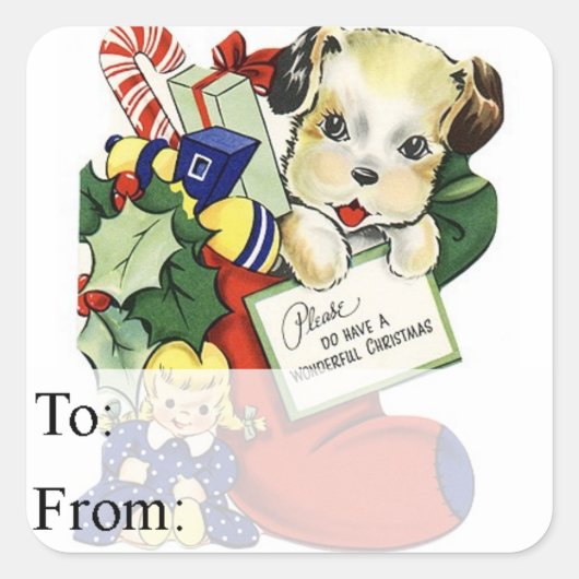 Weihnachts-Welpe im Strumpf - Geschenktag Quadratischer Aufkleber (Vorderseite)