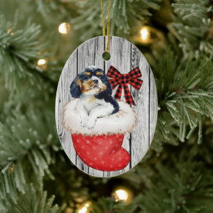 Weihnachts Welpe Spaniel im Strumpf auf Holz Keramik Ornament