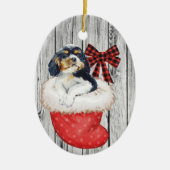 Weihnachts Welpe Spaniel im Strumpf auf Holz Keramik Ornament (Vorne)