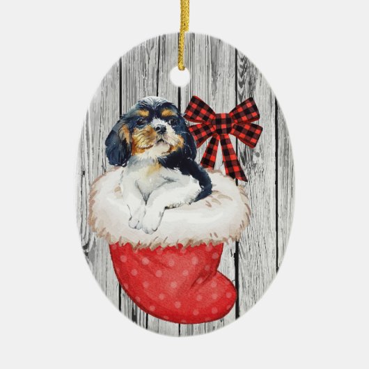 Weihnachts Welpe Spaniel im Strumpf auf Holz Keramik Ornament (Vorne)