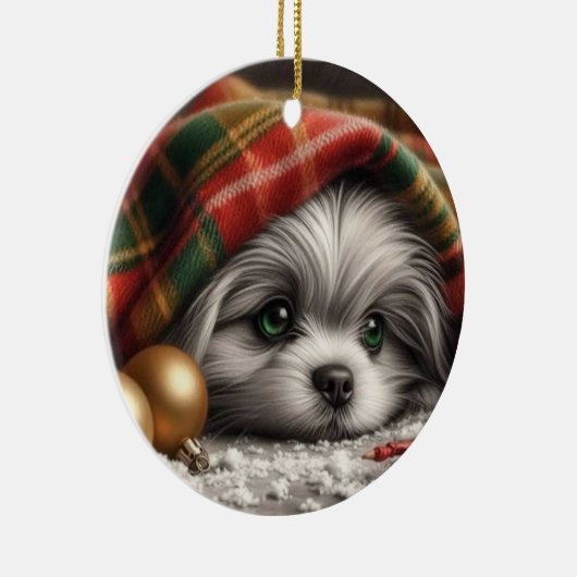 Weihnachts Welpe - traurige Augen Keramik Ornament (Rechts)