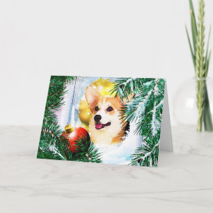 Weihnachts-Welsh-Corgi im Winterfenster Feiertagskarte