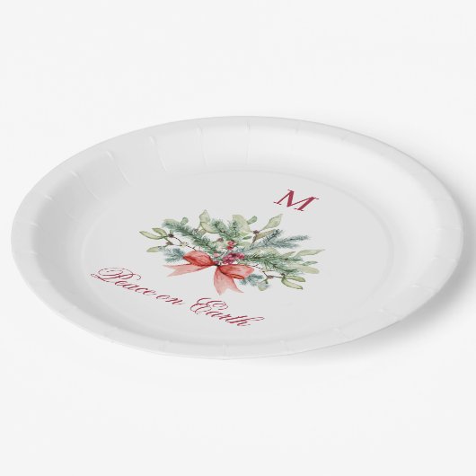 Weihnachts-Weltfrieden Rote Monogram Grüne Pappteller (Schrägansicht)